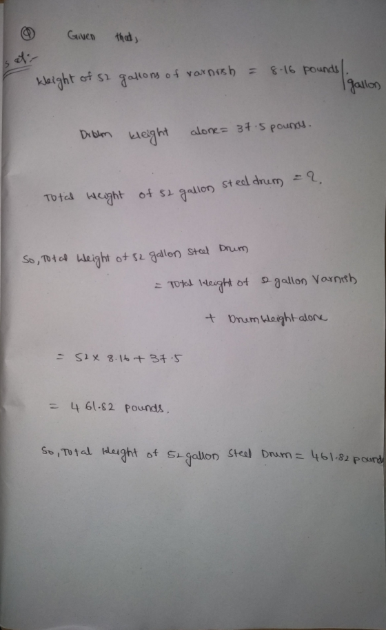 that, Igarion I gallon gallon Steel dnem = 2 Given kleight of 52 gallons of varnish = 8-16 pounds Drblm alone= 37.5 pounds. T