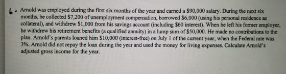 b. Arnold was employed during the first six months of the year and earned a $90,000 salary. During the next six months, he co