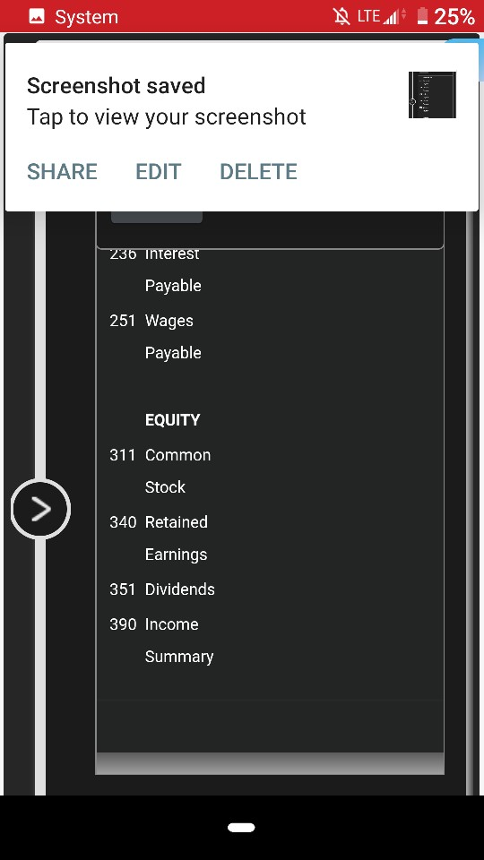 System R LTE 25% Screenshot saved Tap to view your screenshot SHARE EDIT DELETE 236 Interest Payable 251 Wages Payable EQUITY