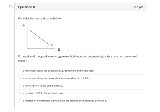 D Question 8 2.6 pts Consider the demand curve below. If the price of the good were to decrease, holding other determining factors constant, we would expect a movement along the demand curve, downward and to the right a movement along the demand curve, upward and to the left a leftward shift in the demand curve a rightward shift in the demand curve. a rotation of the demand curve around the original price, quantity point on it.