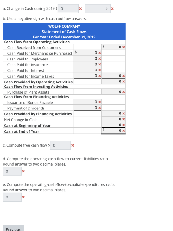 a. Change in Cash during 2019 $ 0 $ 0 0 Ох b. Use a negative sign with cash outflow answers. WOLFF COMPANY Statement of Cash