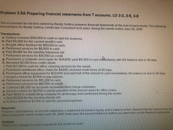 Problem 3.5A Preparing financial statements from T accounts. LO 3-3, 3-5, 3-6 The accountant for the firm owned by Randy Gutt