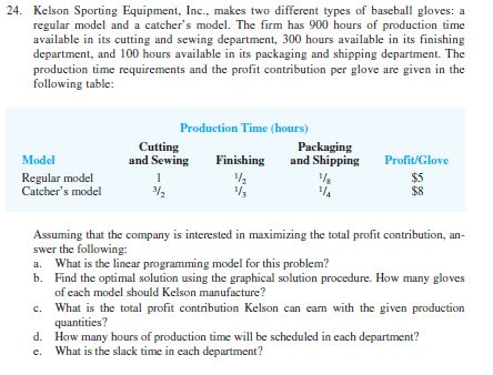 24. Kelson Sporting Equipment, Inc., makes two different types of baseball gloves: a regular model and a catchers model. The