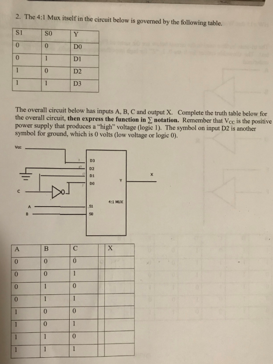 2. The 4:1 Mux itself in the circuit below is governed by the following table. S1 SO DO D1 D2 D3 The overall circuit below has inputs A, B, C and output X. Complete the truth table below for the overall circuit, then express the function in Σ notation. Remember that Vcc is the positive power supply that produces a high voltage (logic 1). The symbol on input D2 is another symbol for ground, which is 0 volts (low voltage or logic 0). D2 D1 4:1 MUX S1 0 0 0
