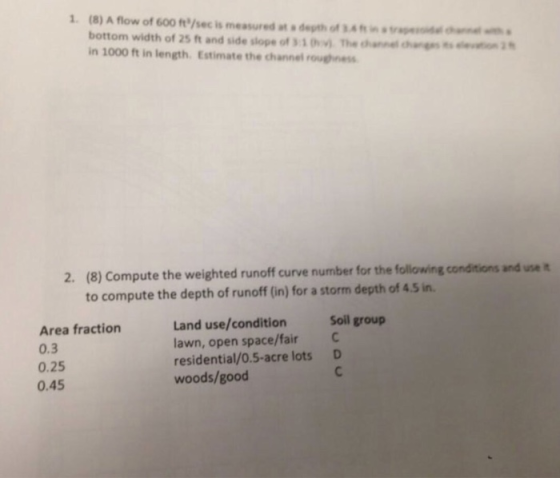 1. (8) A flow of 600 ft/sec is measured at a depth of t sd bottom width of 25 ft and side slope of 31 vThe hn in 1000 ft in l