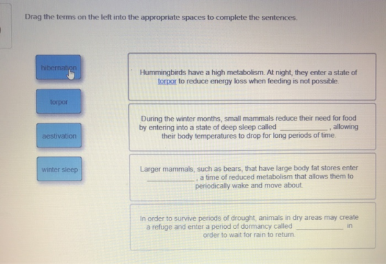 Drag the terms on the left into the appropriate spaces to complete the sentences. hibernation Hummingbirds have a high metabo