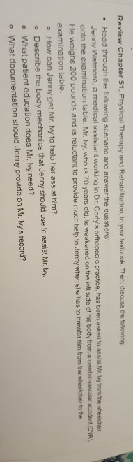 Review Chapter 51, Physical Therapy and Rehabilitation, in your textbook. Then, discuss the following Read through the follow