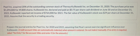 Pearl Inc. acquired 20% of the outstanding common stock of Theresa Kulikowski Inc, on December 31, 2020. The purchase price w