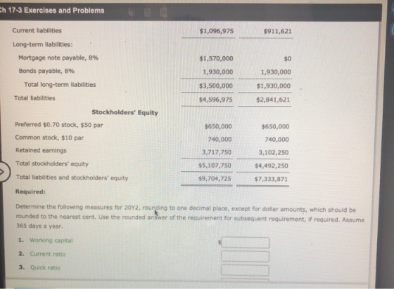 Ch 17-3 Exercises and Problems Current liabilities $1,096,975 $911,621 Long-term liabilities: Mortgage note payable, 8% Bonds