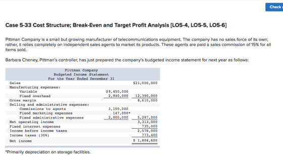 Check Case 5-33 Cost Structure; Break-Even and Target Profit Analysis (LO5-4, LO5-5, LO5-6] Pittman Company is a small but gr