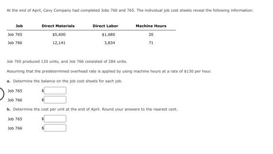 At the end of April, Cavy Company had completed Jobs 766 and 765. The individual job cost sheets reveal the following informa