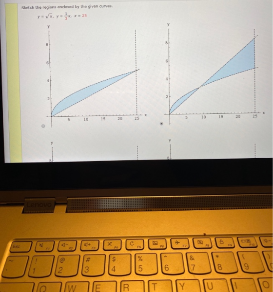 Sketch the regions enclosed by the given curves. y = VX y = 2x X=25 y y 8 8 6 6 4 15 20 5 10 25 10 15 20 25 у Lenovo c x DE F