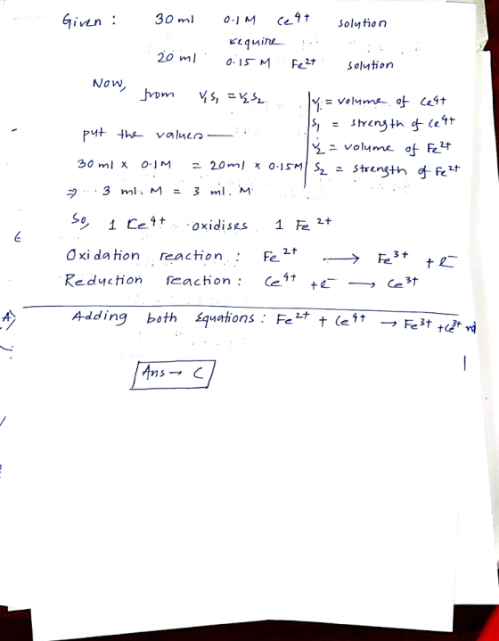 ven . Solytion 20 S Fesolytien Naw 으 i Ce++ -oxidises 1反2+ O xi da tion reaction Fe Reduction feacon (1 Adding both squations: Fett (elt → Fešt tậtd 2t