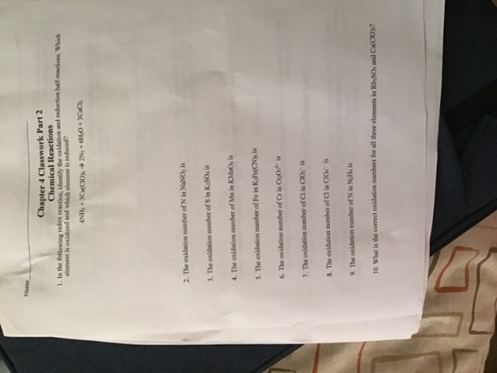 Name Chapter 4 Classwork Part 2 Chemical Reactions 1. In the following redox reaction, identify the oxidation and reduction h