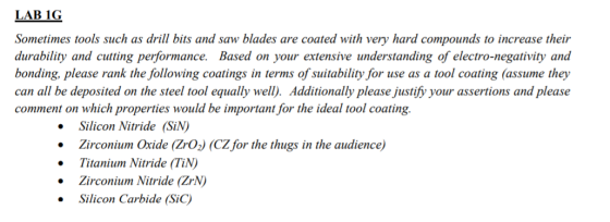 LAB 1G Sometimes tools such as drill bits and saw blades are coated with very hard compounds to increase their durability and