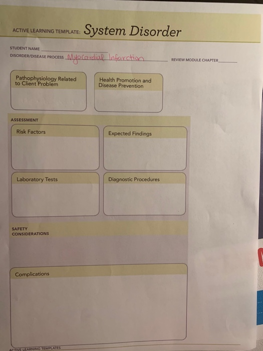 ACTIVE LEARNING TEMPLATE: System Disorder STUDENT NAME DISORDER/DISEASE PROCESS Myocardial Infarction REVIEW MODULE CHAPTER P
