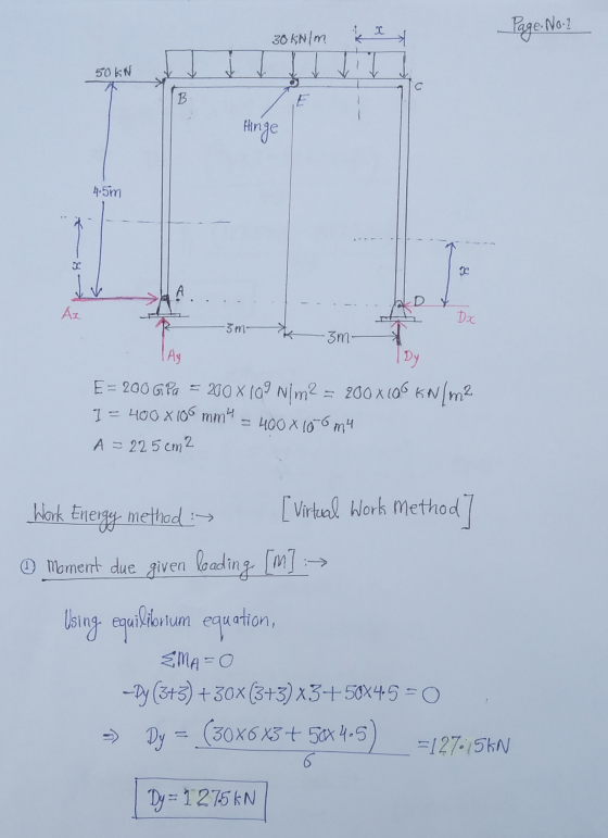 Page. No-1 30 kN/m JI 50KN B Hinge 4.5m А Ax Dx 3m Ay -3m- IDY E = 200 G Pa = 200 x 109 Nim2 = 200x106 kN/m2 I - 400 x 106 mm