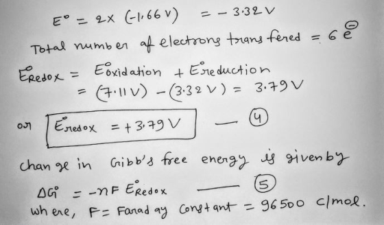 E° = 2x (-1; 66 v) = - 3:39 Total number of electrons trans fered = 60 Eredox = Eoxidation + Ereduction - (7.11 V) -(3:32 V)