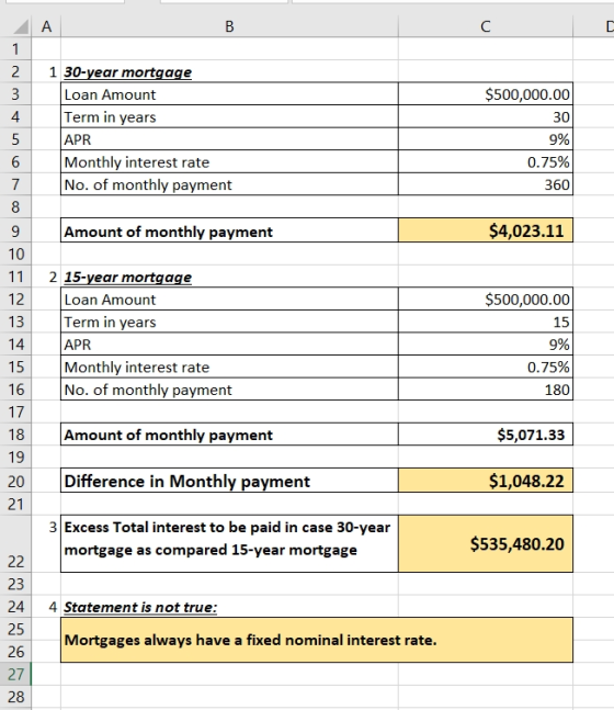 A 1 Nm 7 $500,000.00 30 1 30-year mortgage Loan Amount Term in years APR Monthly interest rate No. of monthly payment 9% 0.75
