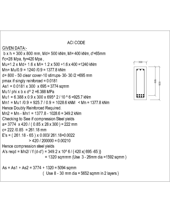 -300 469 -008 ACI CODE GIVEN DATA:- bxh = 300 x 800 mm, Md= 500 kNm, MI= 400 kNm, d=65mm fc=28 Mpa, fy=420 Mpa , Mu=1.2 x M