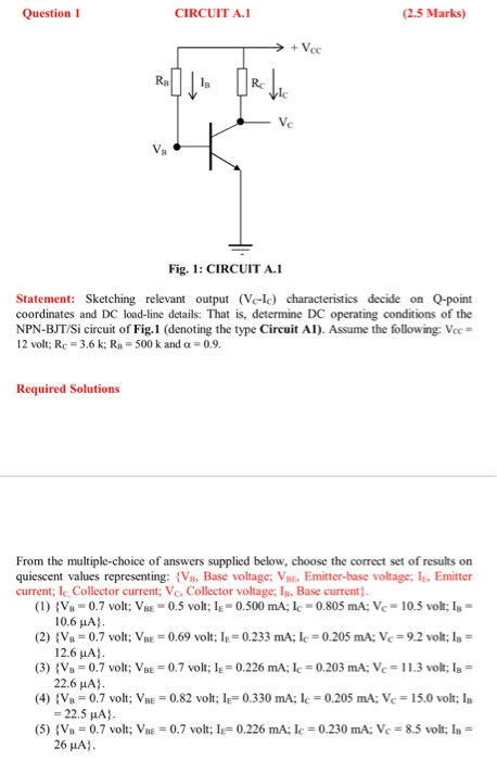 Question 1 CIRCUIT A.1 (2.5 Marks) +Vec R RC clic Vc Fig. 1: CIRCUIT A.1 Statement: Sketching relevant output (V-le) characte