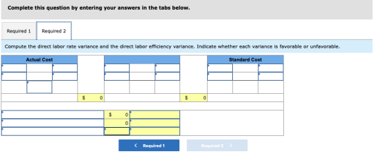 Complete this question by entering your answers in the tabs below. Required 1 Required 2 Compute the direct labor rate varian