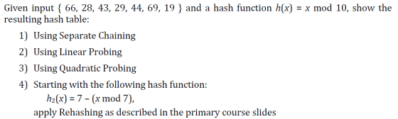 Given input( 66, 28, 43, 29, 44, 69, 19) and a hash function h(x) = x mod 10, show the resulting hash table 1) Using Separate