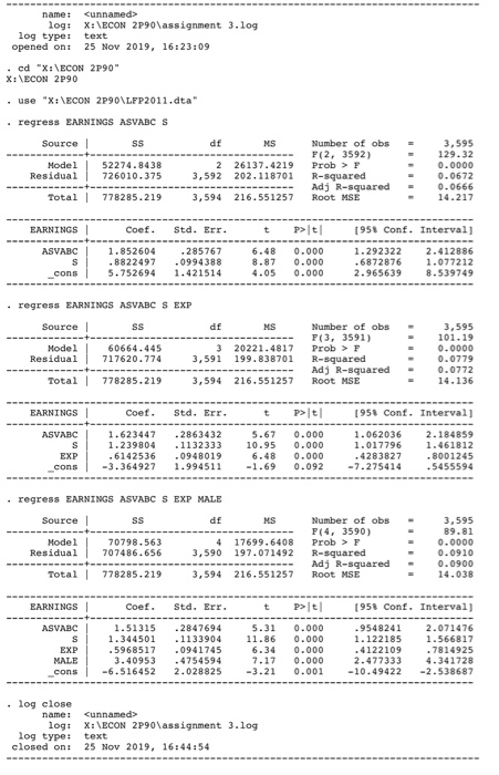 namet cunnamed> log: X:\ECON 2P90\assignment 3.log log type: text opened on: 25 Nov 2019, 16:23:09 • cd X:\ECON 2P90 X:\ECO