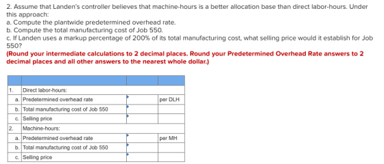 2. Assume that Landens controller believes that machine-hours is a better allocation base than direct labor-hours. Under thi
