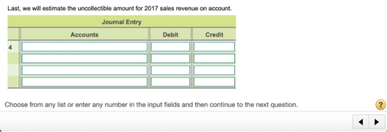 Last, we will estimate the uncollectible amount for 2017 sales revenue on account. Journal Entry Accounts Debit Credit Choose