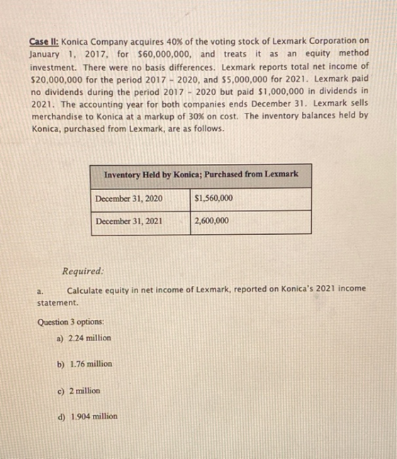as Case II: Konica Company acquires 40% of the voting stock of Lexmark Corporation on January 1, 2017, for $60,000,000, and t