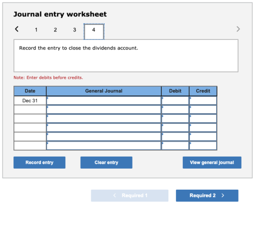 Journal entry worksheet < 1 2 3 4 > Record the entry to close the dividends account. Note: Enter debits before credits. Date