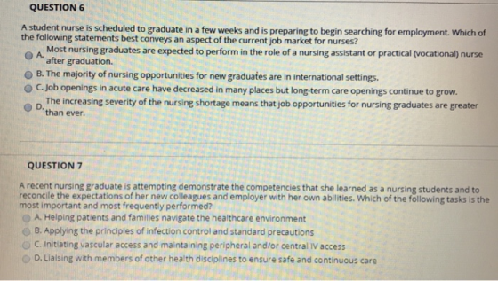 QUESTION 6 A student nurse is scheduled to graduate in a few weeks and is preparing to begin searching for employment. Which