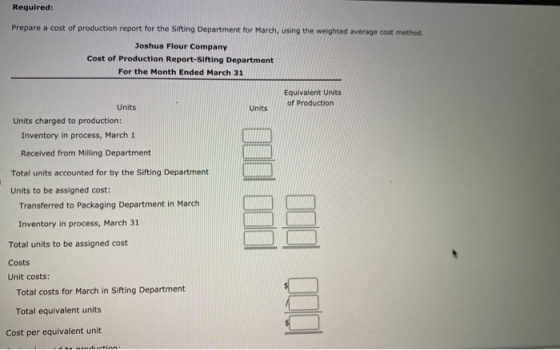 Required: Prepare a cost of production report for the Sifting Department for March, using the weighted average cost method. J