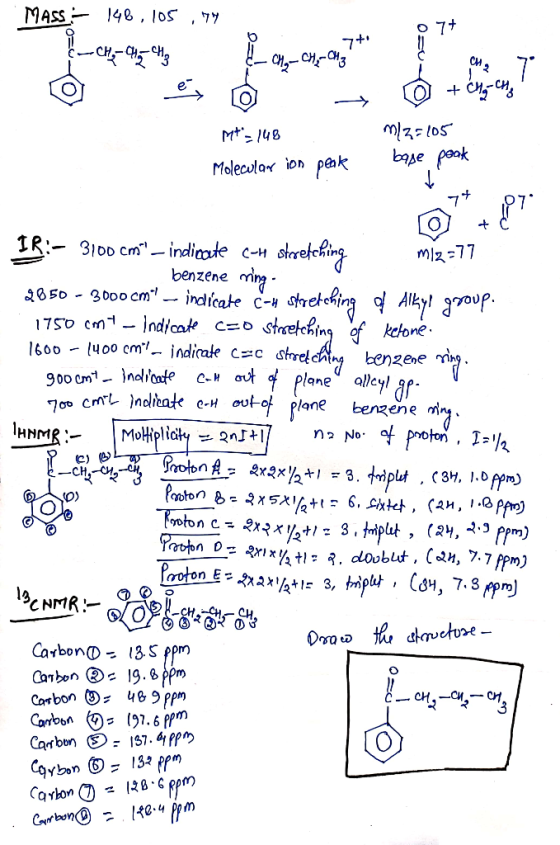 MASS :- 146,105,79 g–CH,-4-ch, 077 4_ CH,-CH-CH3 0 C, 7 en ? 4 > Mt = 148 . Molecular ion peak 0 + -ch m/2=105 base pook ©**