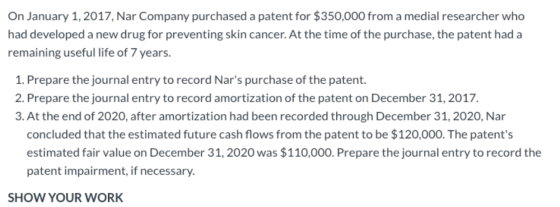 On January 1, 2017, Nar Company purchased a patent for $350,000 from a medial researcher who had developed a new drug for pre