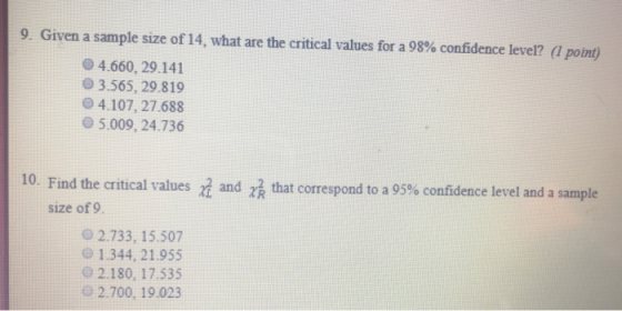9. Given a sample size of 14, what are the critical values for a 98% confidence level? (1 point) 0 4.660, 29.141 0 3.565, 29.819 0 4.107, 27.688 e 5.009, 24.736 10. Find the critical values 22 and that correspond to a 95% confidence level and a sample size of 9 2.733, 15.507 o 1.344, 21.955 2180, 17.535 2.700, 19.023