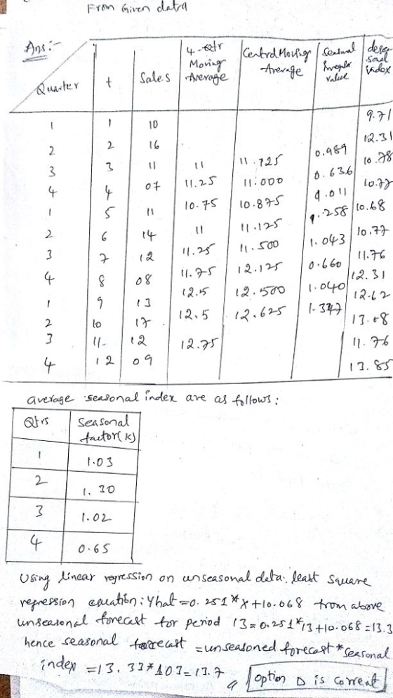 F Given daa Sale s Aveage atert 10 97 11 .12了 16 11.2.3 lo.> S | n | 10.75 | 10.87s to.6g 2 tI12 lo.79 2 t. 2.10 L60 (2.55oo 12,5 | 12.625 | 1-3 2. 3 2 lo 2.75 11, 9% seasonal indlex ave as flo aSea Sonal t. 02 0.6 S USngぶnaar Yeressin on unseasond data. .leak Square. hence seasonal ftpreart -unseasoned forecast *erfonal