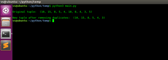 vs@ubuntu:-/python/temp vs@ubuntu:-/python/temps python3 main.py Original tuple: (10, 15, 8, 5, 4, 10, 8, 4, 3, 5) New tuple