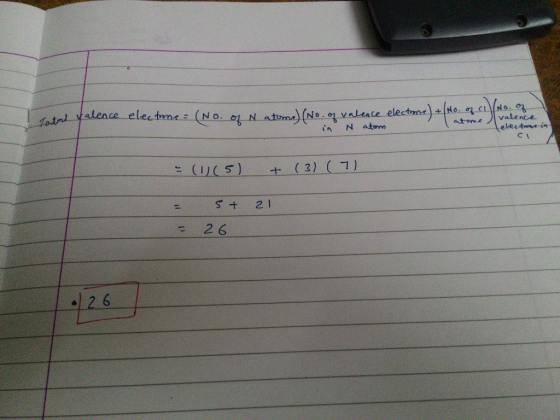 C I valence electrone = (No. of N. of valence ele in N atom No. o tom NO. 7 Ivalence electrons in ci = (1/(5) + (3) (7) = 5 +