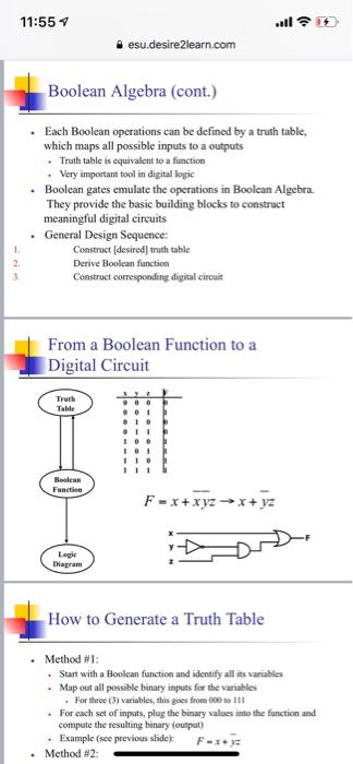 11:557 esu.desire2learn.com Boolean Algebra (cont.) • Each Boolean operations can be defined by a truth table, which maps all