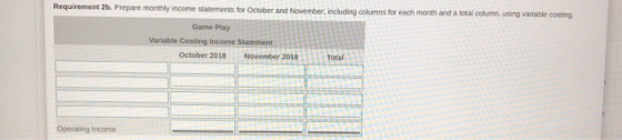 Requirement 2b. Prepare monthly income statements for October and November, including columns for each month and a total colu