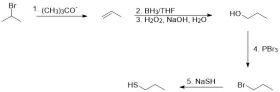Br 1. (CH3)3CO 2. BH3/THF Но. 3. H2O2, NaOH, H2O 4. PB13 5. NaSH HS Br-