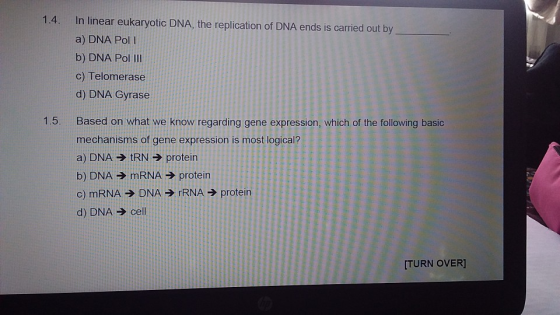 1.4. In linear eukaryotic DNA, the replication of DNA ends is carried out by a) DNA Poll b) DNA Pol III c) Telomerase d) DNA