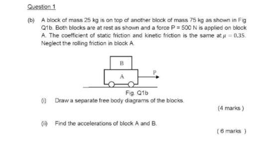 Question 1 (b) A block of mass 25 kg is on top of another block of mass 75 kg as shown in Fig Q1b. Both blocks are at rest as