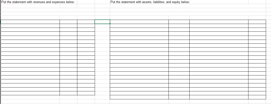 Put the statement with revenues and expenses below: Put the statement with assets, liabilites, and equity below: