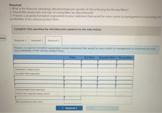 Required: 1. What is the financial advantage (disadvantage) per quarter of discontinuing the Racing Bikes? 2. Should the prod