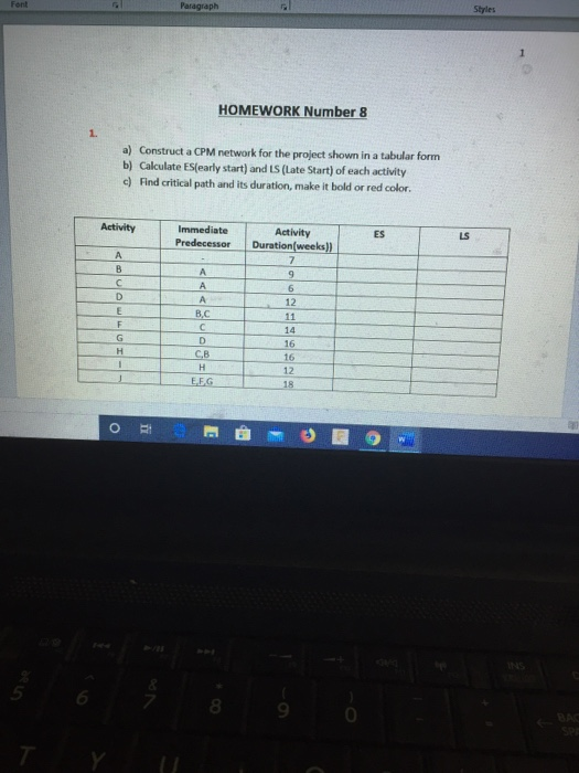 Paragraph HOMEWORK Number 8 a) Construct a CPM network for the project shown in a tabular form b) Calculate ES(early start) a