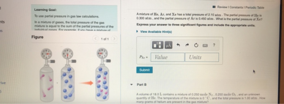 Review I Constants I Periodic Table Learning Goal: A mixture of He. Ar. and Xe has a total pressure of 2.10 atm. The partial