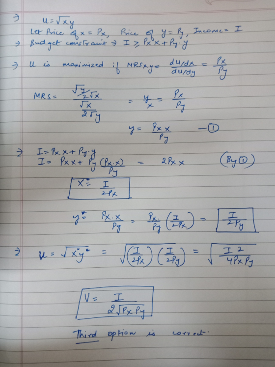 u=vxy Income I Let Price of x = Px Price of y=ly Budget constraint & I, Pxx+Py.y u is maximized if MRSxy= a - durda durdy MRS